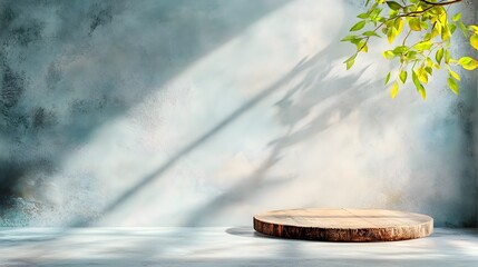 Poster - Muted slate grey 3D studio space with wooden product dais soft shadow effect from window illuminating table surface and mockup artwork displayed with radiant sunshine