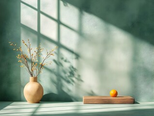 Poster - Minimalist 3D studio scene with a slate gray backdrop an empty room featuring a product podium and soft shadows cast from a window creating a clean digital mockup with a sunlit rendering
