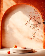 Poster - Sienna toned Minimalist Studio Setting with Blank Podium Design for Showcasing Digital Product Mockup in Natural Lighting