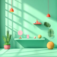 Poster - Bright 3D studio environment with mint green walls and floor central product display pedestal window light and shadow on countertop sunlit mockup  Ideal for showcasing designs