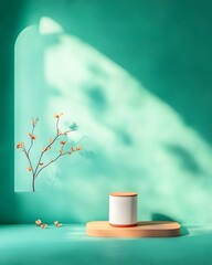 Poster - Teal Colored 3D Studio Environment with Uncluttered Floor and Wall Setting Featuring a Solitary Product Podium and Subtle Shadow Overlay from an Adjacent Window Illuminated by Diffused Natural Light