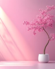 Poster - Amethyst Hued 3D Studio Environment with Minimalist Pedestal and Sunlit Shadow Mockup A modern contemporary studio setting with a plain floor wall and a pedestal placed in the center