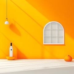 Poster - Pristine 3D studio environment with a sunny yellow backdrop and a clean architectural space featuring an empty floor and wall accented by a product stand