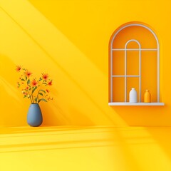Poster - Pristine 3D studio environment with a sunny yellow backdrop featuring a clean architectural space with an empty floor and wall accented by a product stand