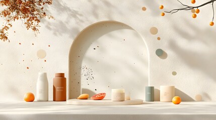 Poster - Empty 3D studio environment with neutral grey backdrop clear floor and wall and a product showcase platform  Soft sunlight creates a shadow pattern across the countertop