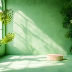 Poster - Verdant 3D studio environment with a simple uncluttered space featuring a product pedestal and a bright sunlit mockup display showcasing a product against a clean minimalist backdrop