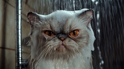 Poster - Cat Under Shower Water with Soap Suds on Fur