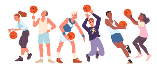 Basketball players in motion set. Female and male athletes in sport uniform playing, young active champion characters training to jump, defense and throw ball into basket cartoon vector illustration