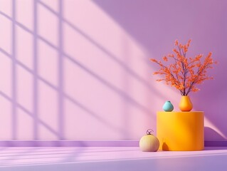 Poster - Bright 3D interior studio setting with empty purple walls and floor featuring a minimalist product display podium under natural window lighting and shadows digital mockup for various uses