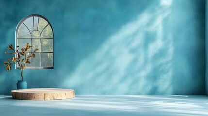 Poster - Muted blue grey 3D studio interior with bare floor and wall product exhibition stand and soft shadow pattern from window aperture on tabletop  Minimalist backdrop for modern