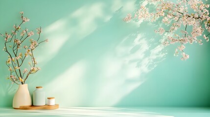 Poster - Minimalist 3D studio interior with muted sage green backdrop bare floor and wall product exhibition stand shadow effect from window to table surface mockup artwork with natural sunlight