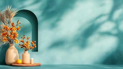 Poster - Minimalist 3D studio interior with muted blue grey backdrop bare floor and wall product exhibition stand shadow pattern from window aperture to tabletop mockup design with soft daylight