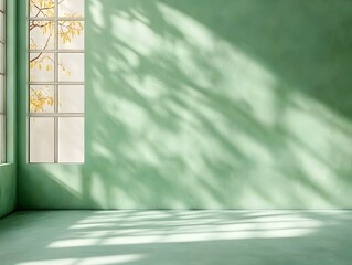 Poster - Minimalist 3D studio setting with clean sparse interior and olive green background  Empty floor and wall provide a simple