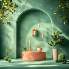 Poster - Minimalist 3D studio interior setting with forest green backdrop clean floor and wall elements and a central product display podium accented by directional window lighting and cast shadows