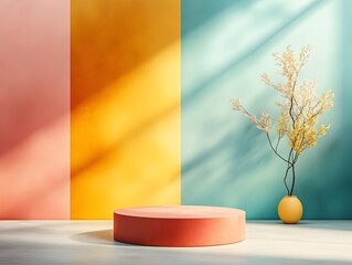 Poster - Streamlined 3D interior studio space with a minimalist bare floor and wall featuring a rich color palette and a central product display pedestal