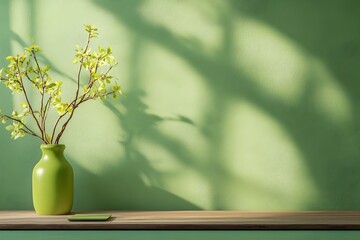 Poster - Elegant and Sophisticated 3D Interior Studio Space Featuring an Olive Green Accent Wall Clean Empty Floor Minimalist Table Display