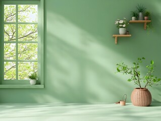 Poster - Minimalist and clean 3D studio setting with olive green background sparse interior empty floor and wall product stand with soft shadow effect and natural lighting from window