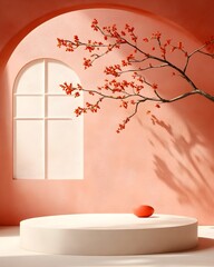 Poster - Minimal 3D studio setting with a plum toned background a sparse floor and wall displaying a product podium a shadow overlay on the countertop and a mockup bathed in natural diffused sunlight