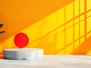 Poster - Minimalist 3D studio space with a mustard yellow backdrop empty concrete flooring and walls and a central product display podium  A shadow cast from a window creates a lighting effect on the surface