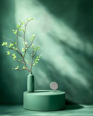 Poster - Elegant and modern 3D studio setting featuring a deep green backdrop a sleek product display stand and captivating shadows across the floor and walls