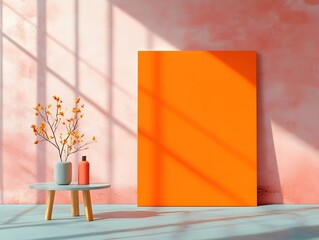 Poster - Minimalist 3D studio space with coral pink backdrop and sleek product pedestal on empty floor  Dramatic lighting casts shadows on the table creating an elegant and sophisticated setting