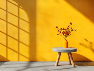 Poster - Minimalist 3D studio space with a mustard yellow backdrop empty concrete flooring and walls and a central product display podium  A shadow cast from a window creates a lighting effect on the surface