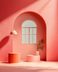 Poster - Minimalist 3D product photography studio with mauve colored backdrop empty geometric floor and wall displays and dramatic window lighting casting shadows onto a clean podium mockup