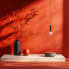 Poster - Sleek and modern 3D studio space with maroon accents clean empty product display podium soft natural lighting filtering through the window casting a shadow effect on the 3D rendered product mockup