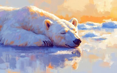 The Arctic sun shines brightly on a sleeping polar bear as it rests on an ice floe during a tranquil summer afternoon