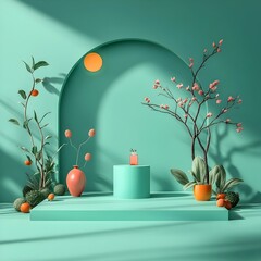 Poster - Minimalist 3D product photography studio with a clean empty interior and a jade green backdrop  A product display pedestal is positioned in the natural light streaming through the window