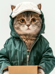 A cat wearing a hat and a jacket is sitting in front of a box