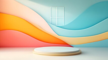 Poster - Elegant 3D studio room interior with a colorful abstract background empty floor and wall and a central product podium bathed in natural sunlight through a window overlay  Minimalist