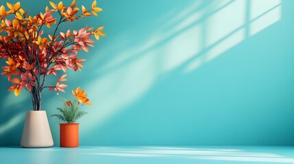 Poster - Minimalist 3D studio room with a dusty blue background empty floor and wall product podium shadow overlay from window to countertop and a soft sunlight mockup