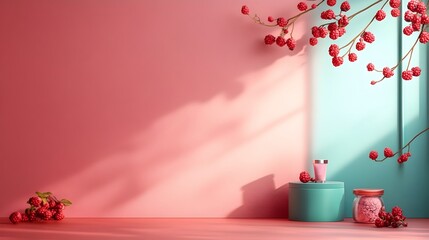 Poster - Minimalist 3D studio room with a bold boysenberry background an empty floor and wall and a product podium mockup showcasing the clean modern