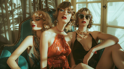 Poster - Vintage meets modern in a fashion shoot with models in retro dresses paired with contemporary statement jewelry, posed in a luxurious penthouse.