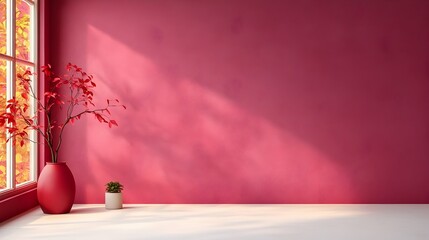 Poster - 3D Studio Room with Plum Background Empty Floor and Wall Product Podium Shadow Overlay from Window to Countertop Soft Natural Sunlight Mockup