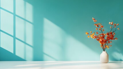 Poster - Vivid 3D studio room with turquoise blue backdrop bare minimalist floor and wall product exhibition stand cascading shadow patterns from window aperture on tabletop