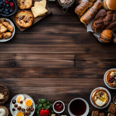 delightful breakfast or brunch spread featuring variety of pastries, fruits, and savory dishes arranged on dark wooden table. inviting presentation evokes warm and cozy atmosphere