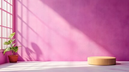 Poster - Elegant 3D studio room with a minimalist purple background and empty floor and wall  The scene features a product podium or display stand with a shadow overlay from a window
