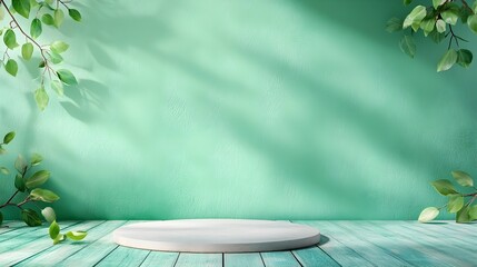 Poster - Minimalist and modern 3D studio room interior with calming sage green background empty wooden floor white wall with sleek product podium