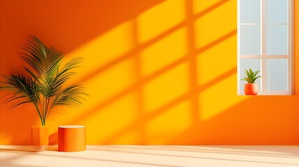 Poster - Sleek 3D studio room with saffron colored backdrop empty floor and wall and an illuminated product podium casting a dynamic shadow overlay from the window  This minimalist