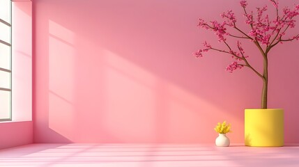 Poster - Stylish 3D studio room with a boysenberry colored background an empty floor and wall a product podium and a window cast shadow overlay on the countertop  A clean modern mockup with natural sunlight