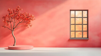 Poster - Elegant and clean minimalist 3D studio room with dusty rose background empty floor and wall and a central product podium display with soft shadow overlay from natural sunlight