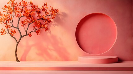 Poster - Minimalist and clean 3D studio room interior with a dusty rose background and warm natural sunlight shining on an empty product podium display in the center