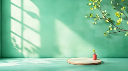 Poster - Serene 3D studio room setting with forest green background empty floor and wall product podium natural window lighting casting shadow overlay on countertop