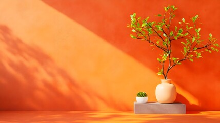 Poster - Earthy Terracotta Backdrop with Empty Floor and Wall Product Display Plinth Shadow Pattern from Window Aperture Mockup Design with Natural Sunlight