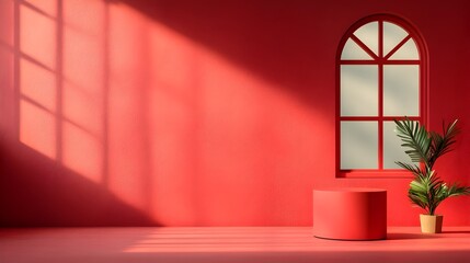 Poster - Minimalist 3D Studio Room with Maroon Colored Walls and Floor Empty Product Podium and Natural Sunlight Casting a Shadow Overlay from the Window to the Countertop   3D Mockup