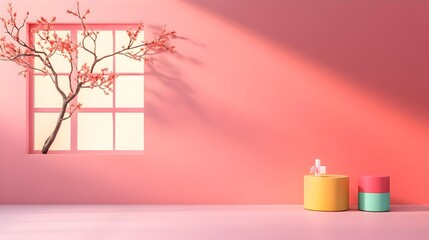 Poster - 3D studio room with mauve background empty floor and wall featuring a product podium mockup bathed in soft natural sunlight  Shadows from the window create an overlay on the countertop