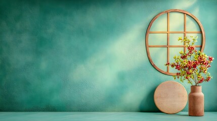 Poster - Minimal 3D studio room with an emerald green background empty concrete floor and wall a product display podium and a window light shadow overlay on the countertop  mockup with soft natural sunlight