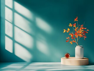 Poster - Minimalist 3D studio room with a navy blue background an empty floor and wall a product podium and a window shadow overlay on the countertop  This mockup showcases a clean modern